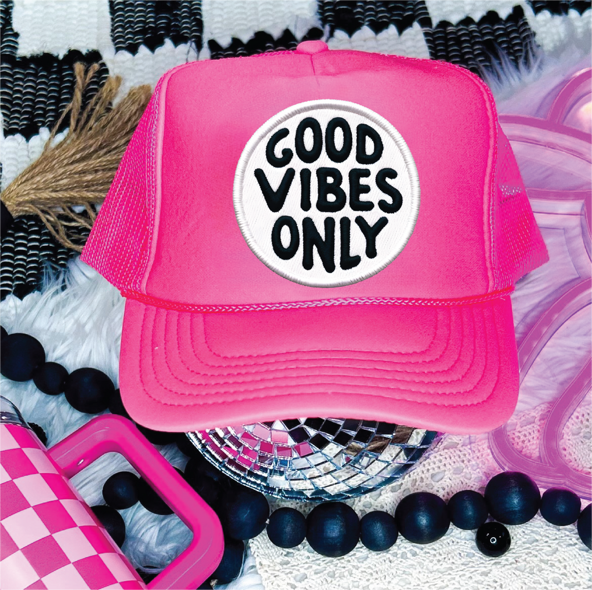 Good Vibes Only DTF Printed Neon Pink Trucker Hat