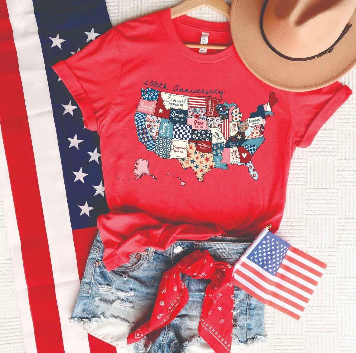 USA 250 Years Patch Map- UNISEX RED GRAPHIC TEE
