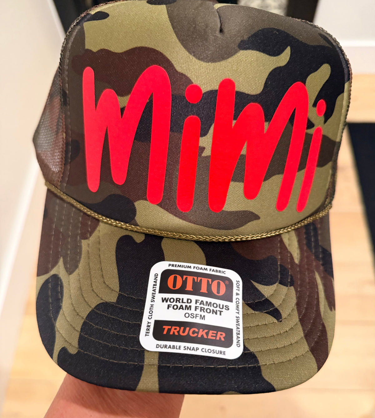Mimi RED PUFF VINYL on Camo Foam Trucker Hat