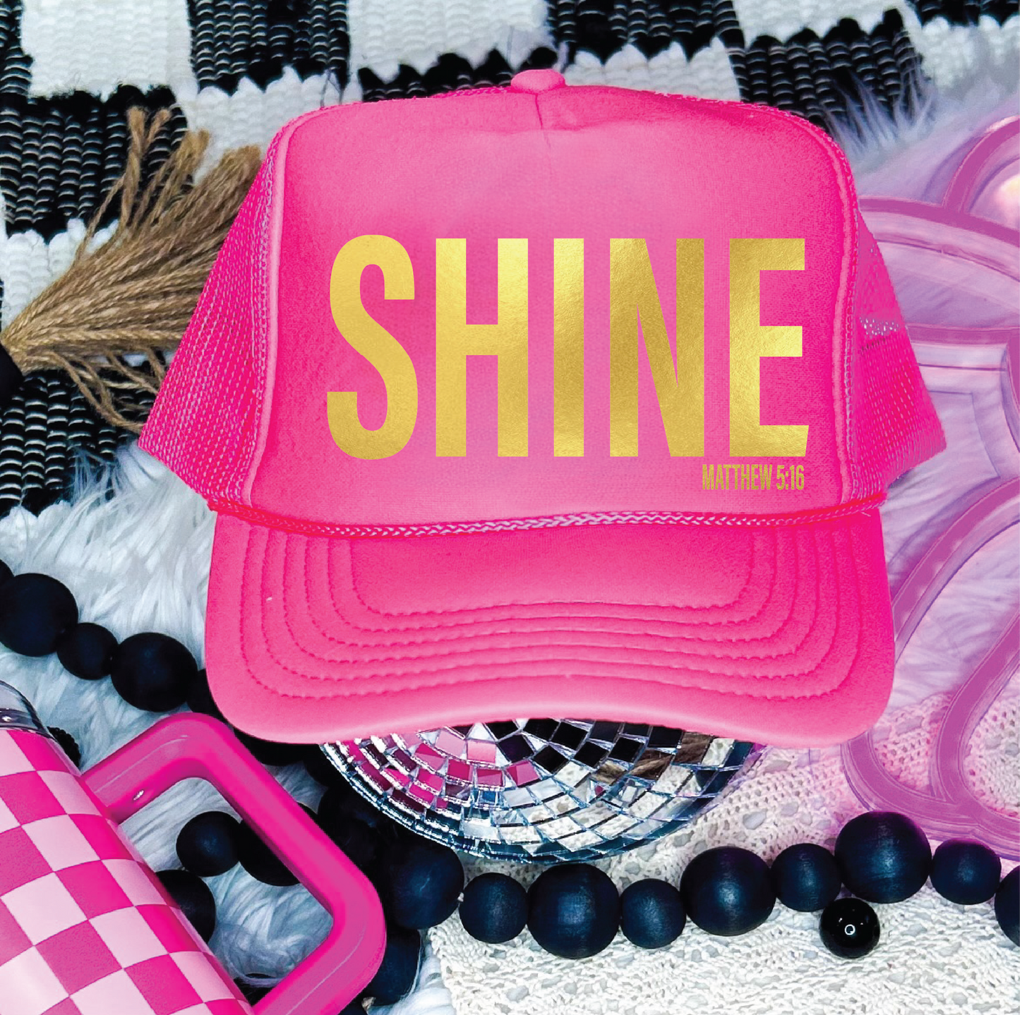 Shine Matthew 5:16- DTF Printed Neon Pink Trucker Hat