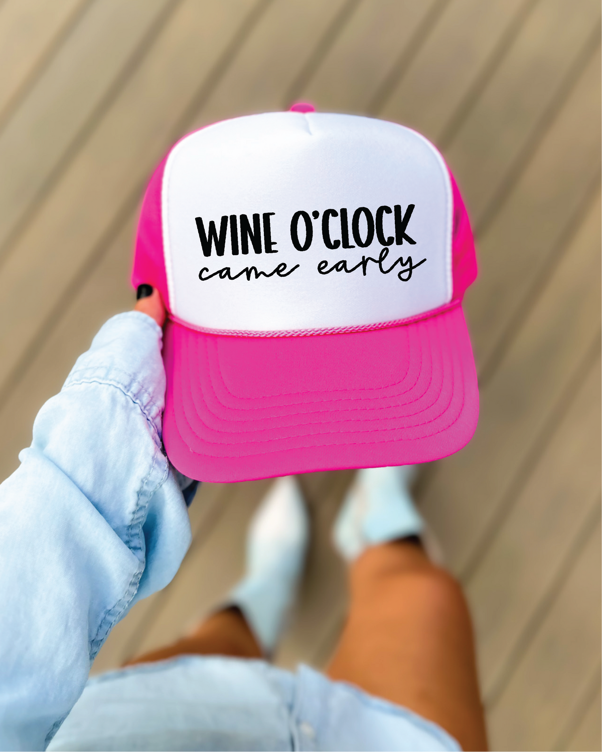 Wine O Clock DTF Printed Hot Pink & White Trucker Hat