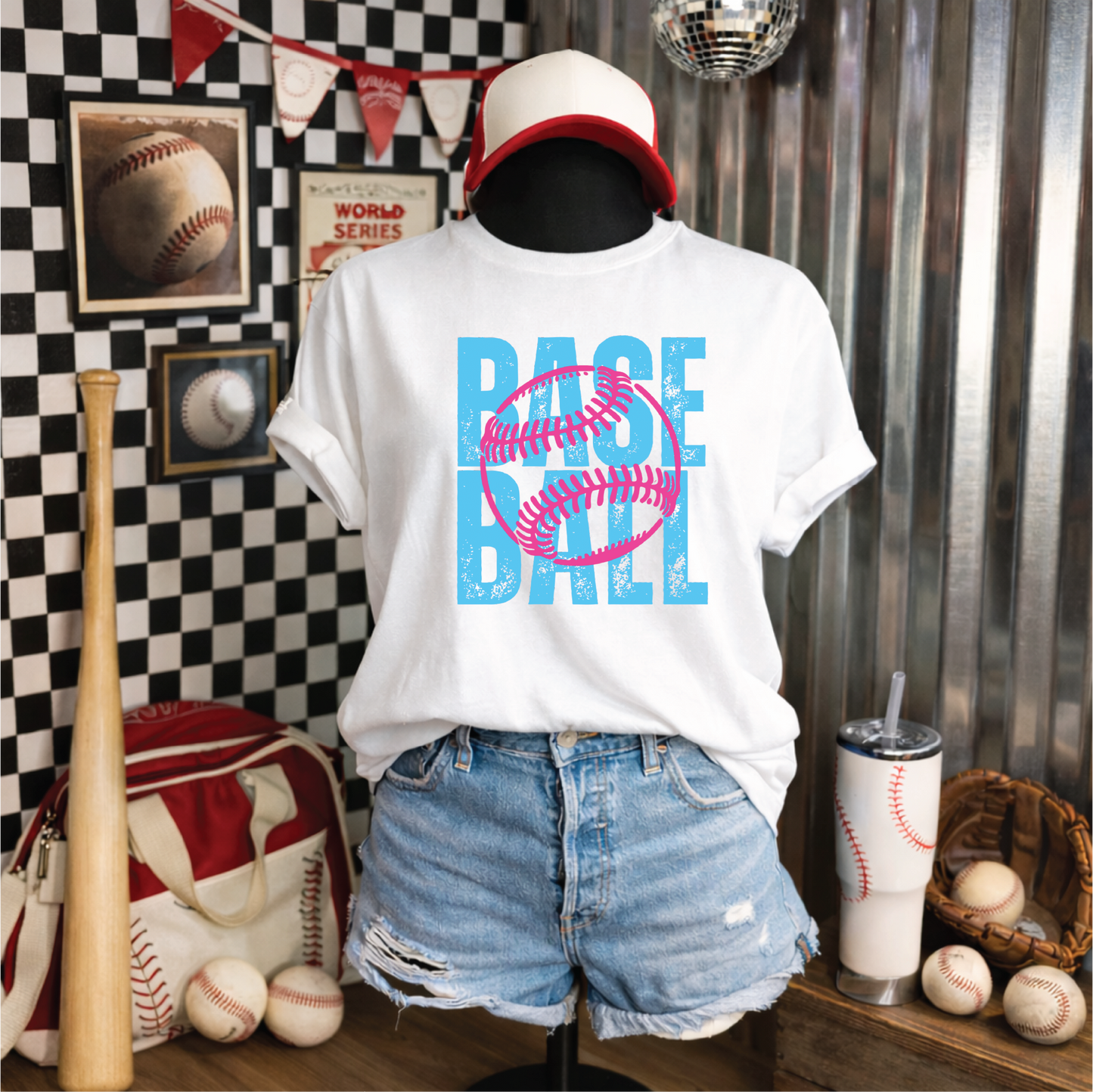Baseball Pink and Blue Font- UNISEX WHITE Tee