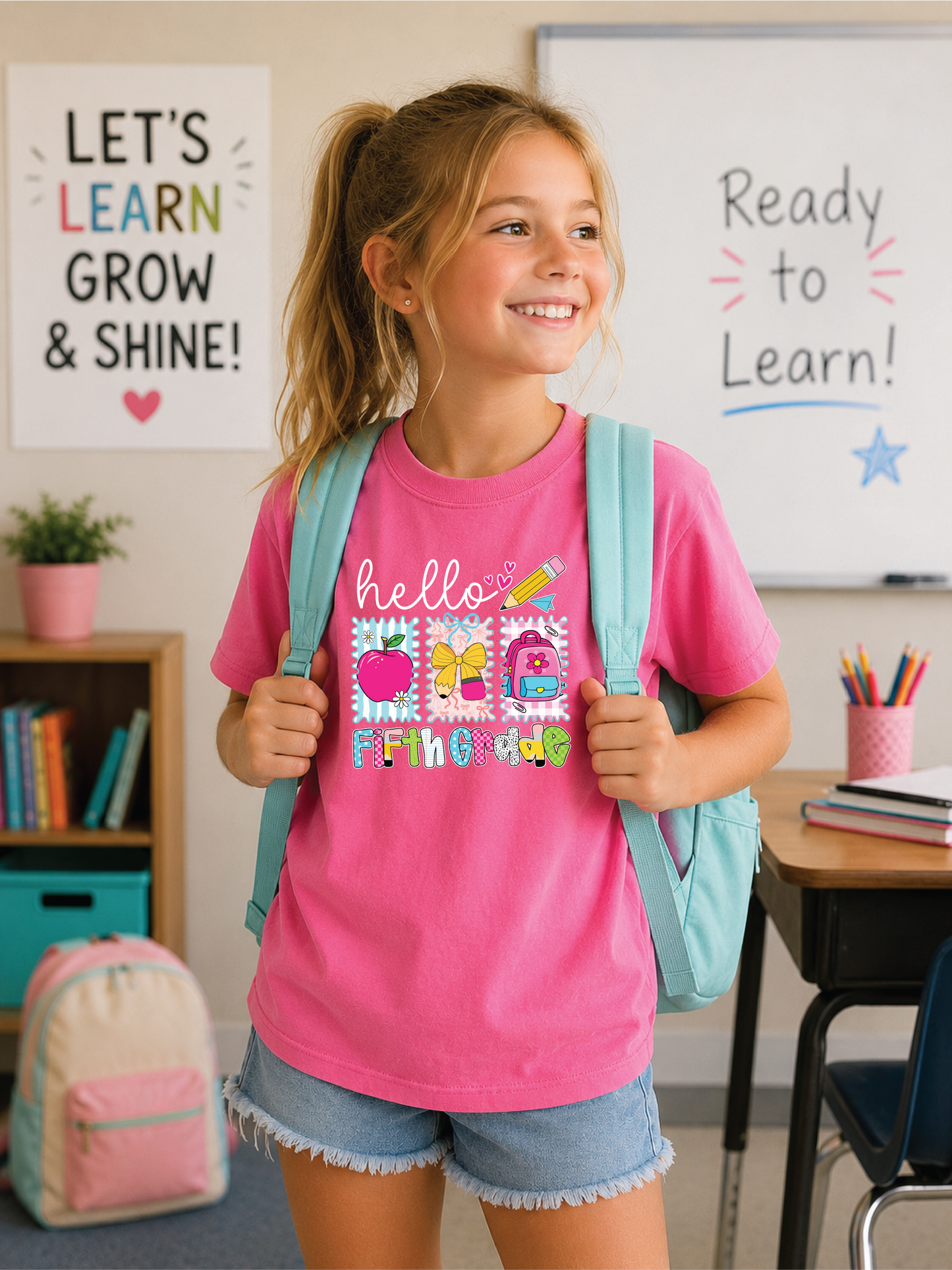 Girls Hello 5th Grade Back to School Graphic Tee