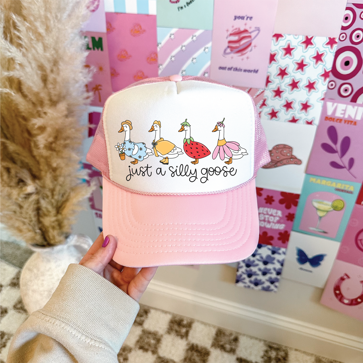 Just a Silly Goose DTF Printed Light Pink And White Trucker Hat