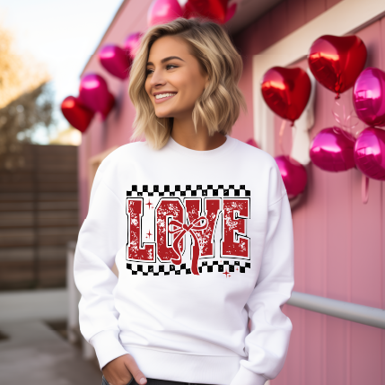 LOVE BLACK AND WHITE CHECKERED ON UNISEX WHITE SHIRT