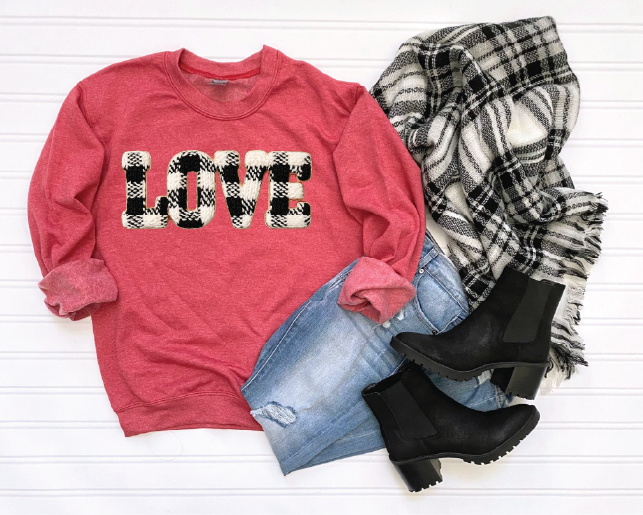Love Plaid Faux Yarn - UNISEX RED SWEATSHIRT