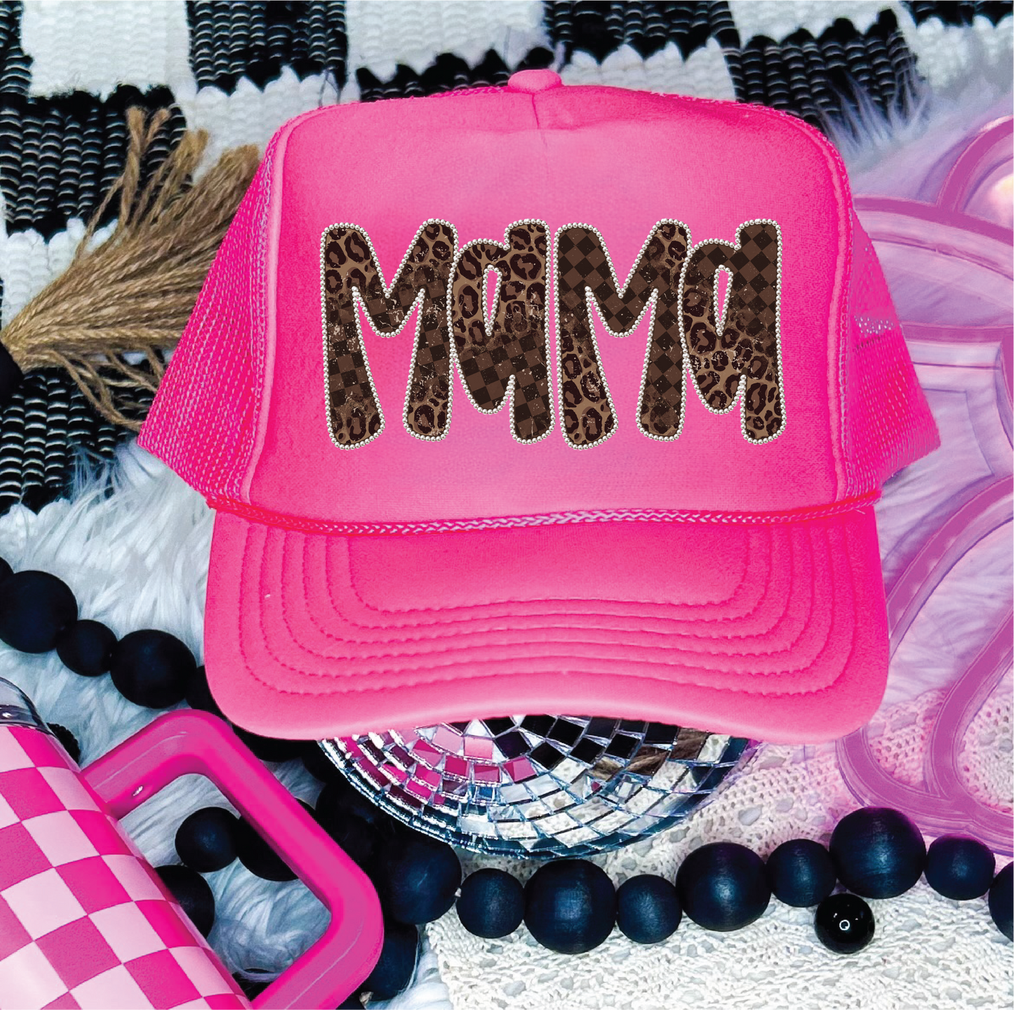 Mama Checkered Leopard- DTF Printed Neon Pink Trucker Hat