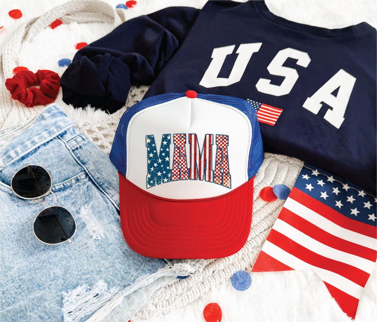 Faux Glitter Patriotic Mama DTF Printed Red White And Blue Trucker Hat