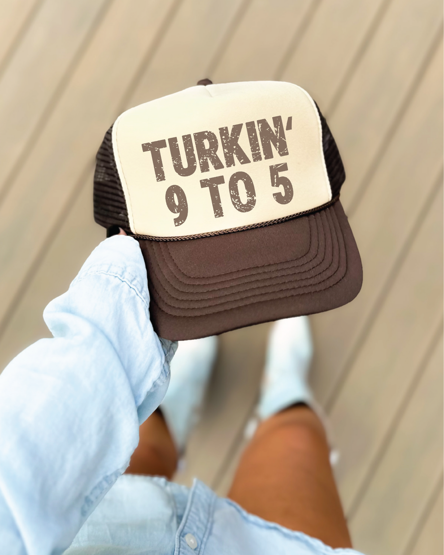 Turkin 9-5 DTF Printed Brown and Tan Trucker Hat