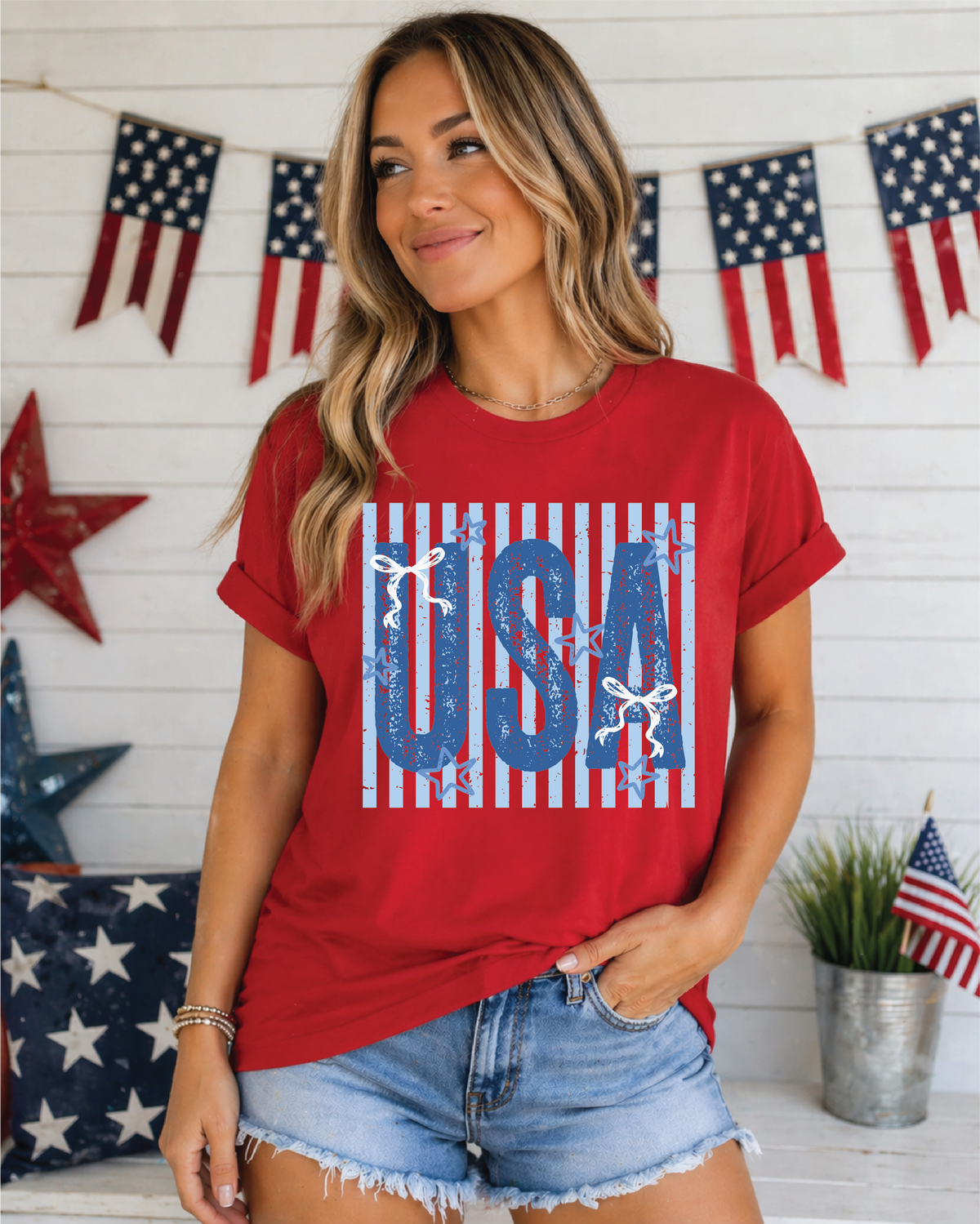 USA Bows and Stripes - UNISEX RED GRAPHIC TEE