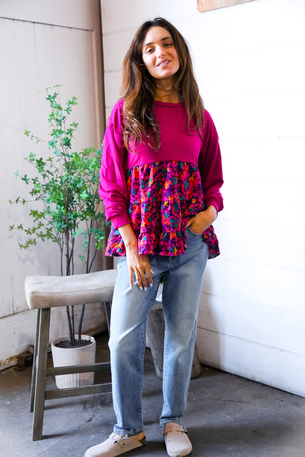 Fuchsia Fizz Drop Shoulder Babydoll Blouse