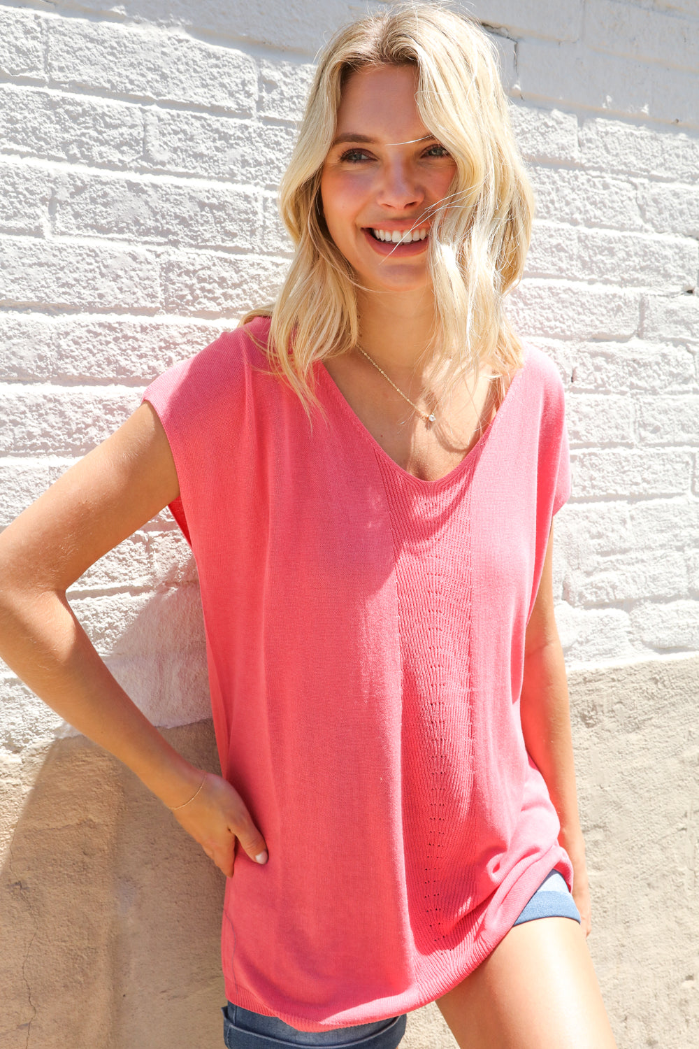 Summer Vibes Coral Relaxed Fit Jacquard Knitted Top