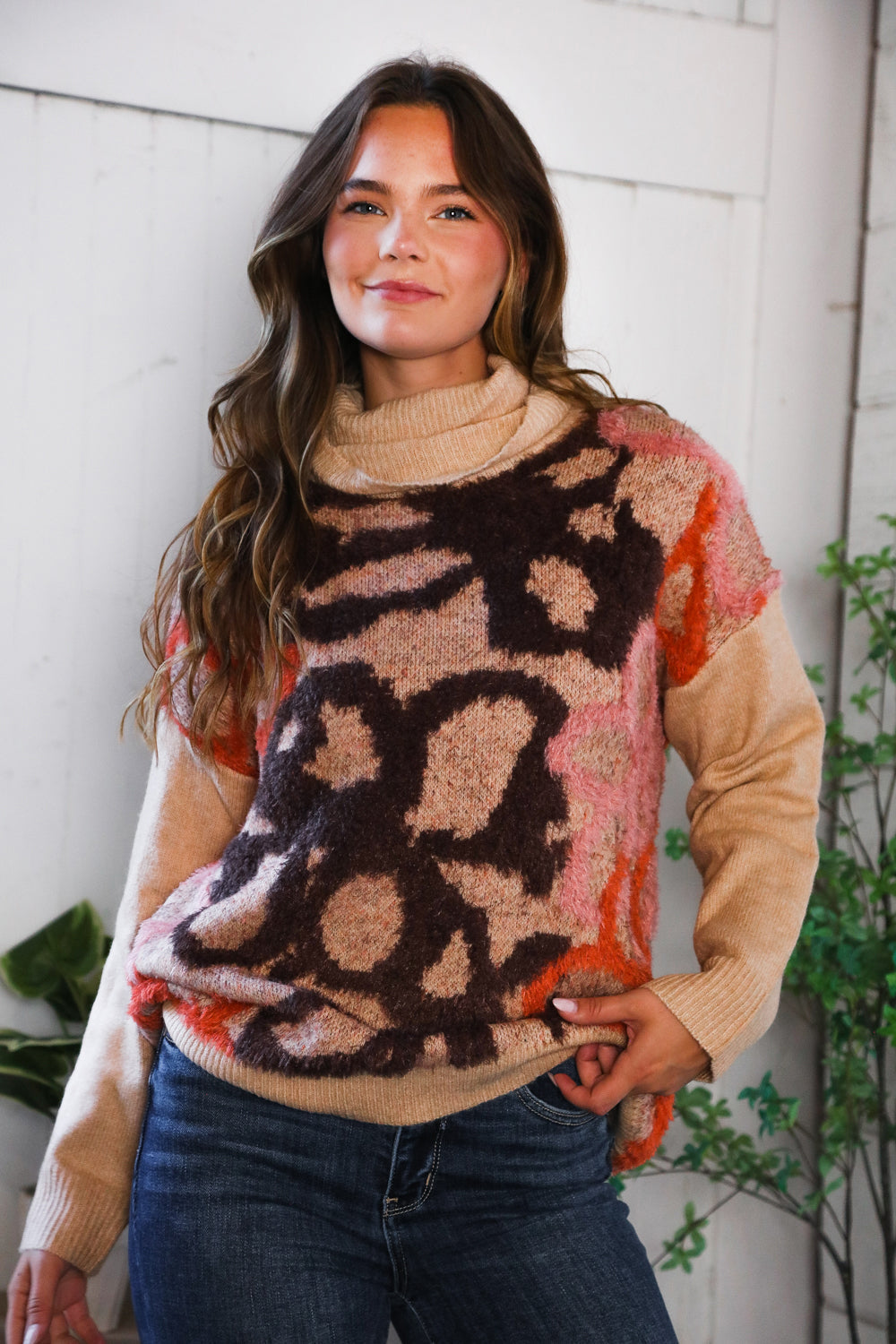 Blooms in Autumn Turtleneck Cozy Sweater