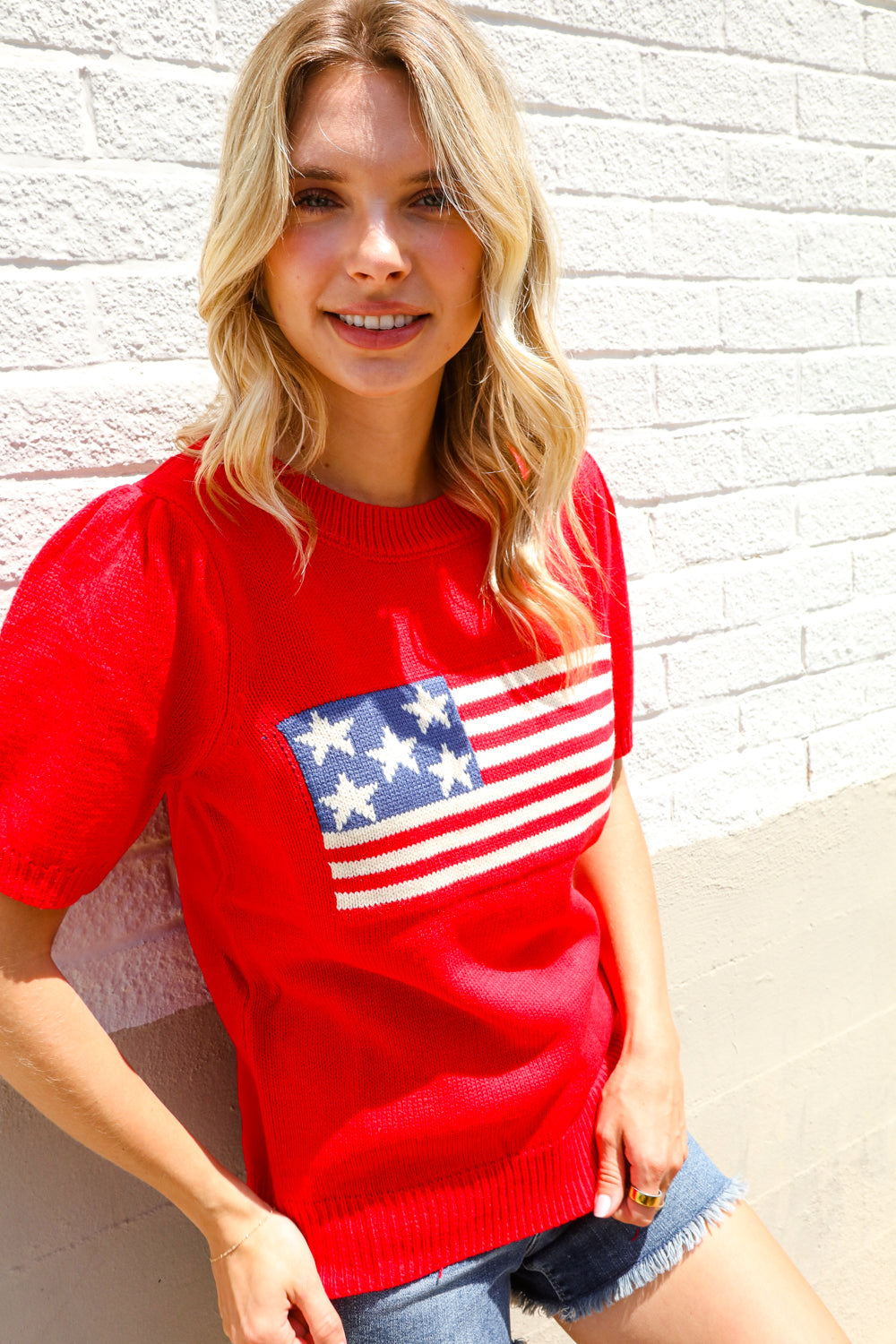 American Flag Bubble Short Sleeve Jacquard Sweater Knit Pullover
