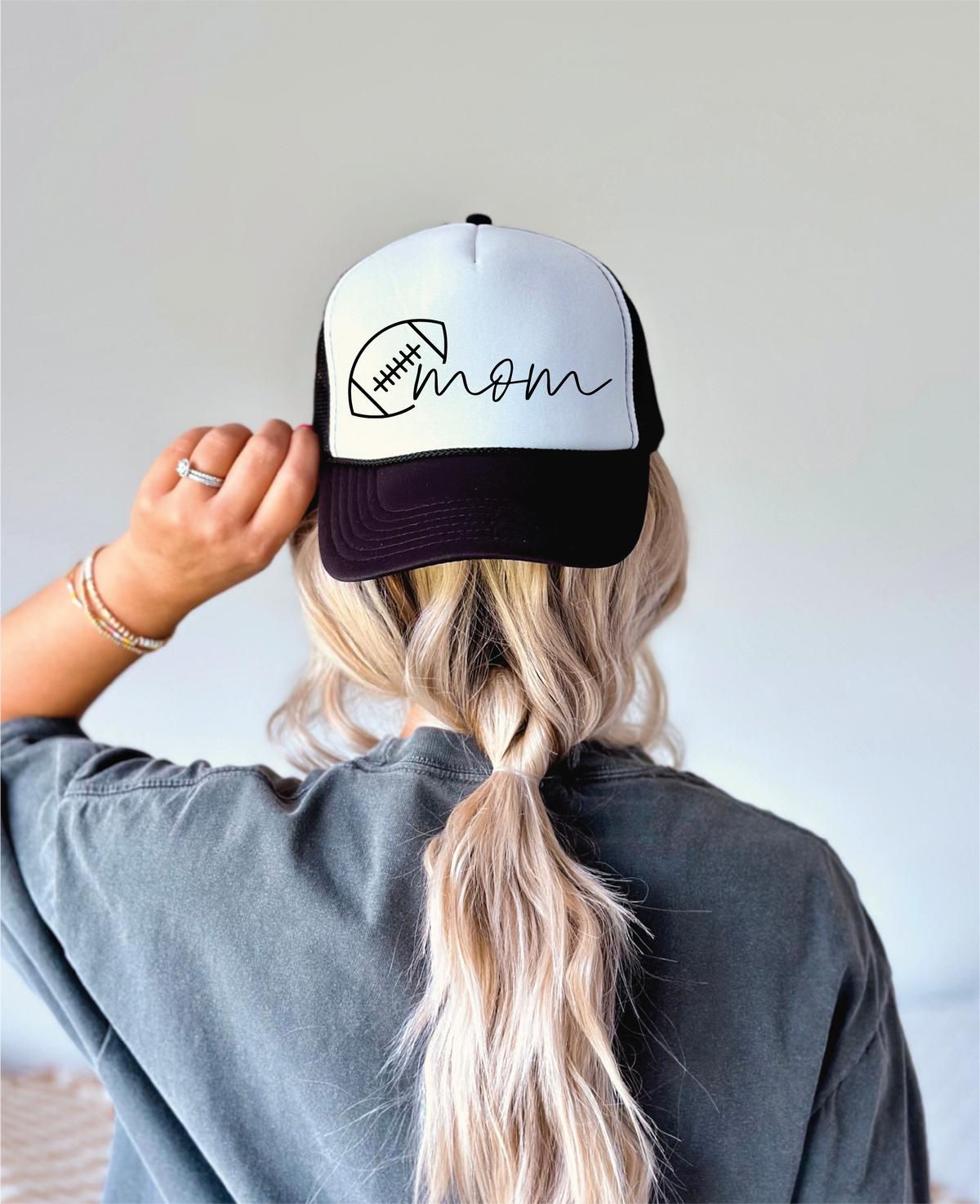 Football Mom DTF Printed Black and White Trucker Hat (Copy)