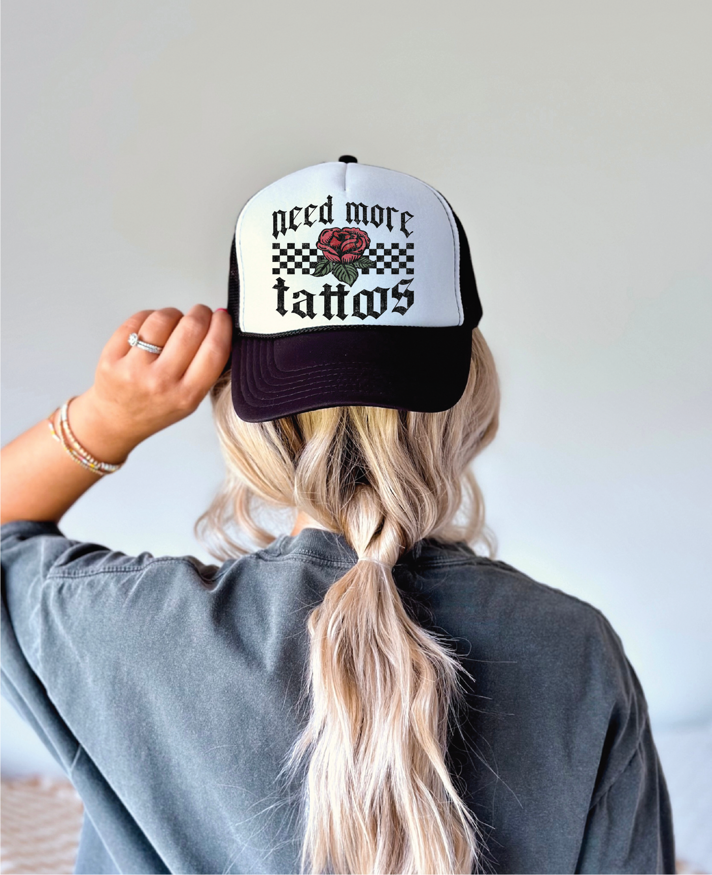 I Need More Tattoos DTF Printed Black and White Trucker Hat