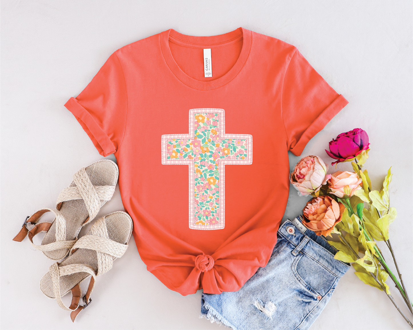 Coral Floral Cross Unisex Tee