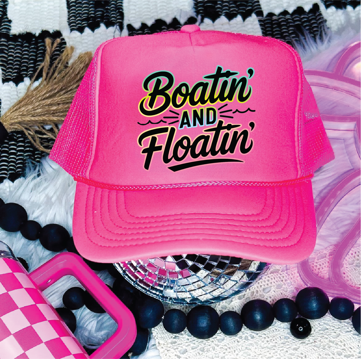 Boatin' and Floatin'-  DTF Printed Neon Pink Trucker Hat