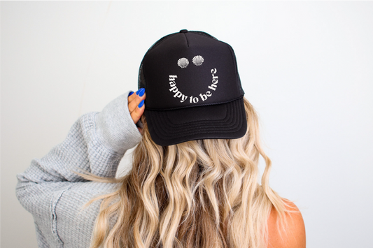 Happy To Be Here- UNISEX BLACK TRUCKER HAT