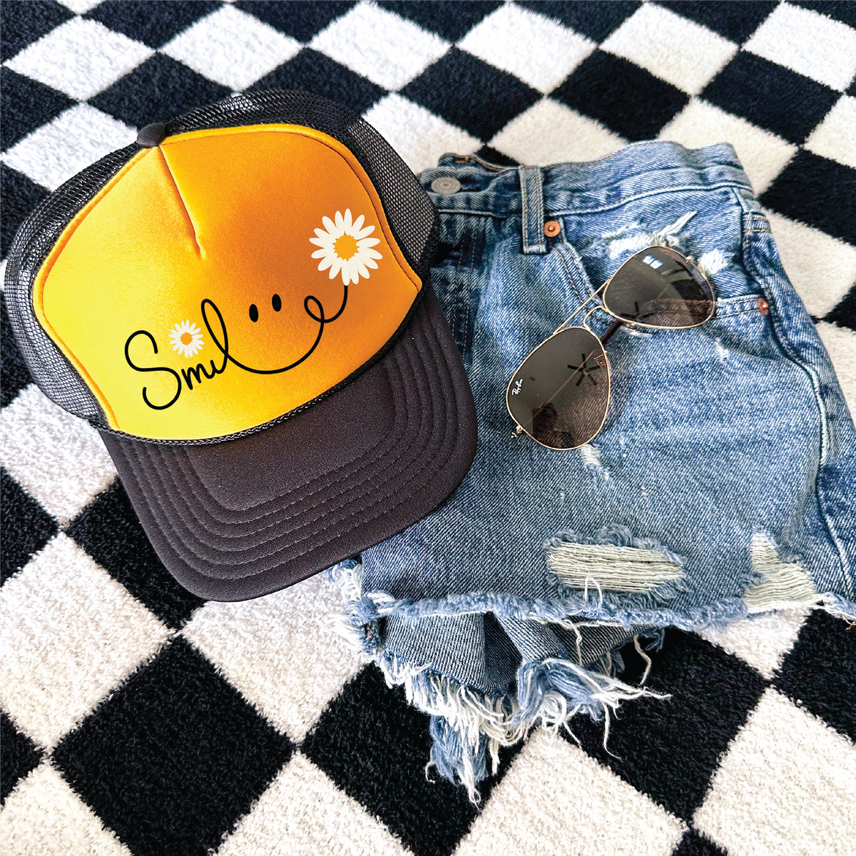 Smile DTF Printed Gold and Black Trucker Hat