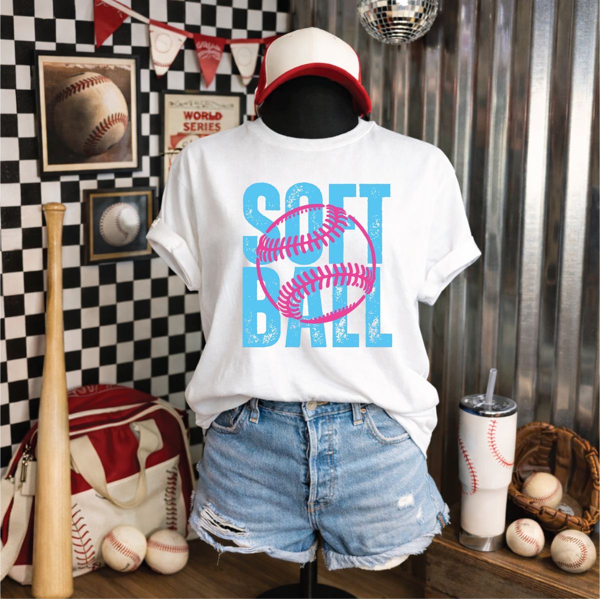 Softball Pink and Blue Font- UNISEX WHITE Tee