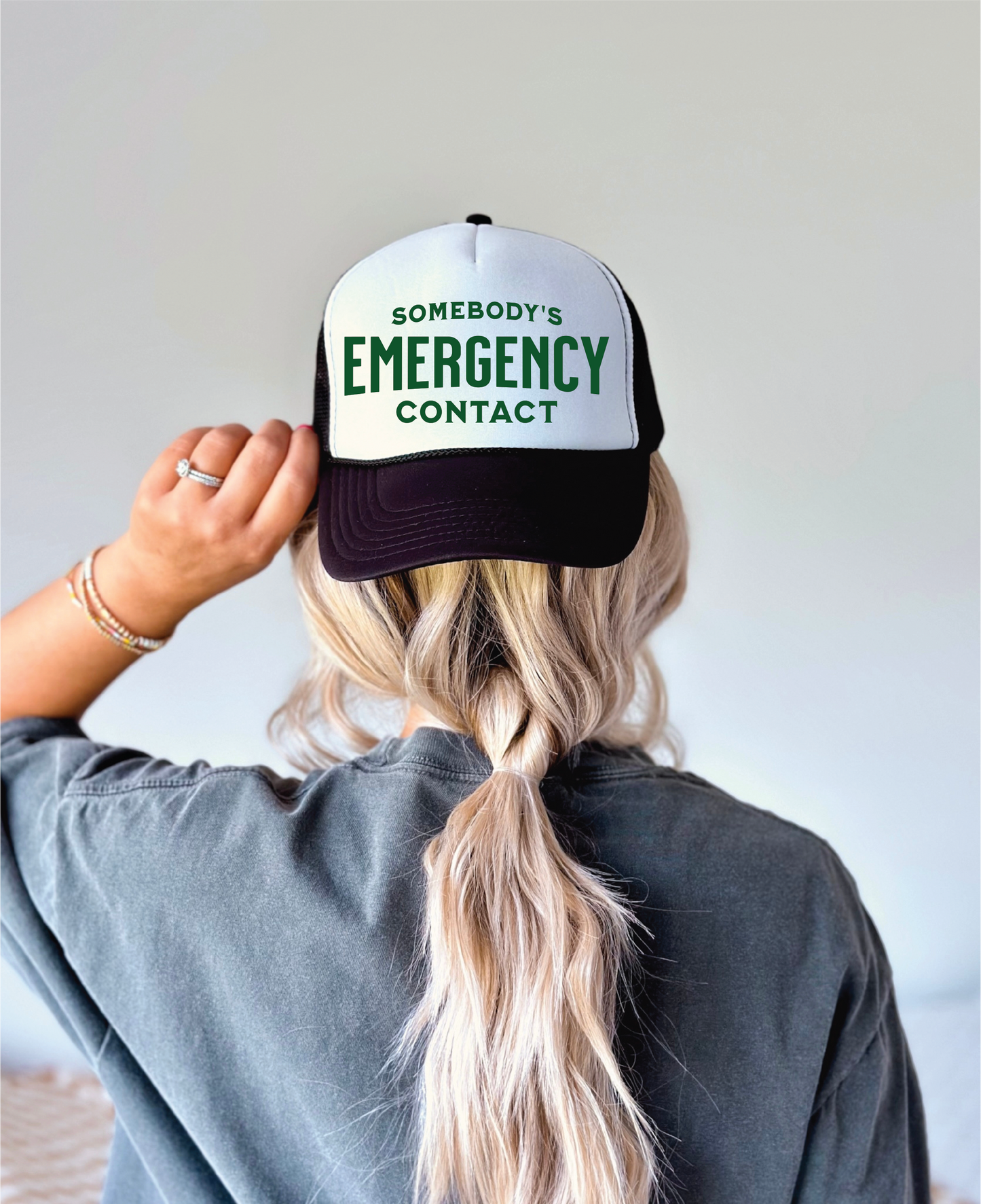 Somebody's Emergency Contact DTF Printed Black & White Trucker Hat